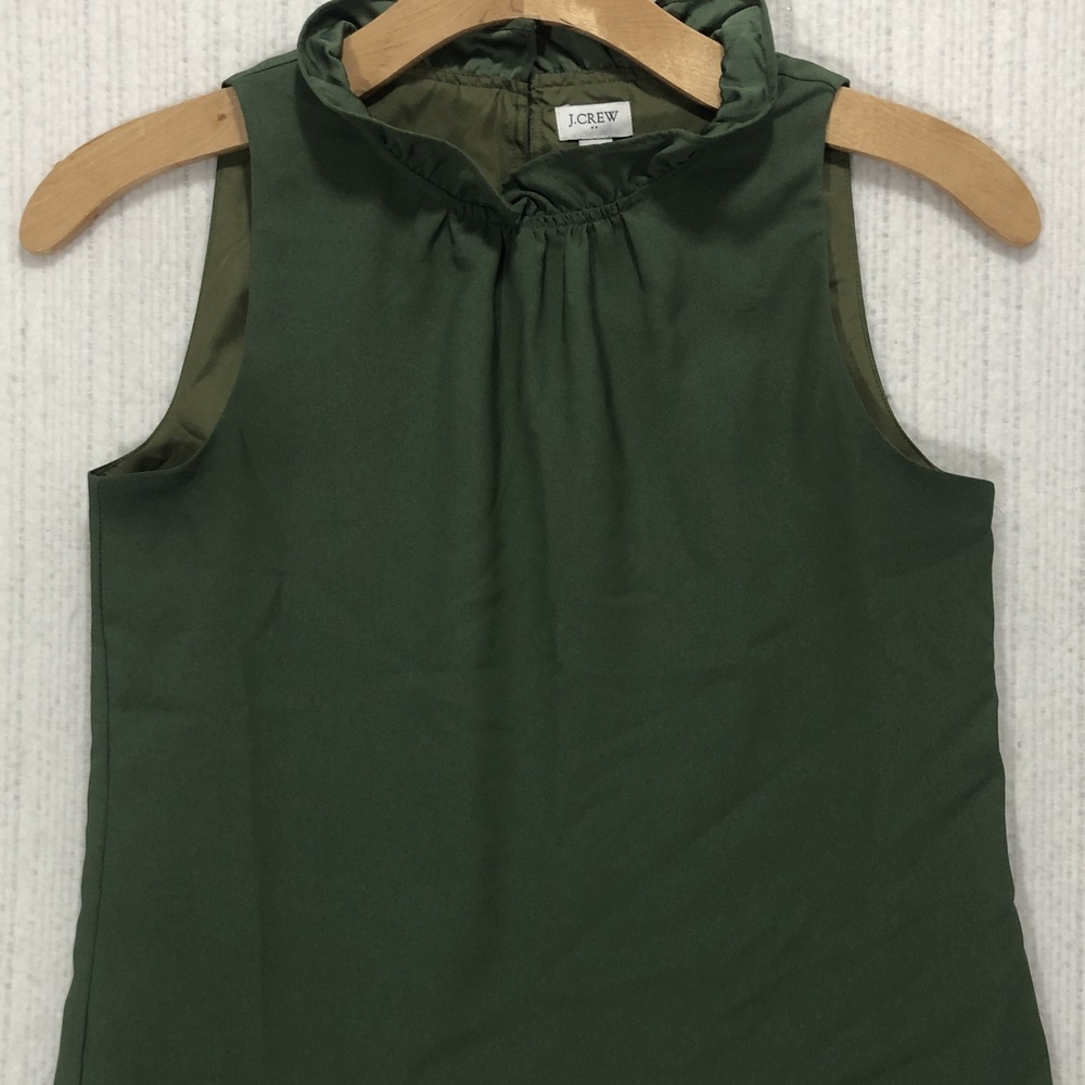 J.Crew Womens XS Ruffle High Neck Sleeveless Blouse Olive Green Lined Keyhole